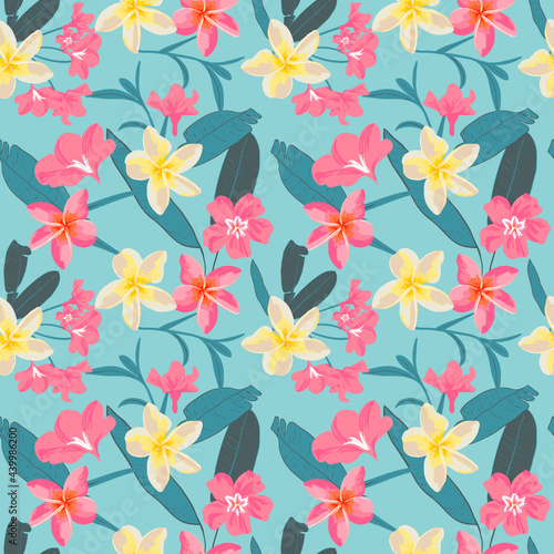 Seamless tropical pattern of purple oleander and plumeria flowers, green banana palm leaves.