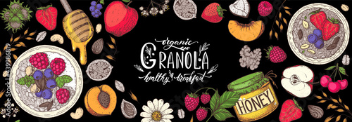 Granola ingredients illustration. Oat flakes , berries, fruits and nuts hand drawn. Granola Breakfast top view frame. Muesli food menu design. Hand drawn vector illustration. Granola colorful design
