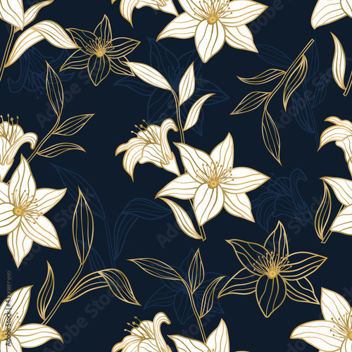 Seamless pattern of luxury golden floral tropical flowers and leaves vector illustration