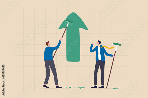 Business profit growth, improvement or career development, investment earning rising up or partnership to help grow business concept, businessman partner help painting growth green arrow graph. photo
