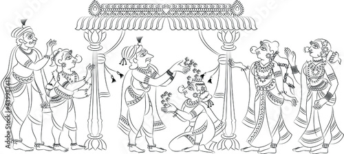 Showering blessings on the bride in the marriage ceremony,  drawn in Indian folk art, Kalamkari style. for textile printing, logo, wallpaper  