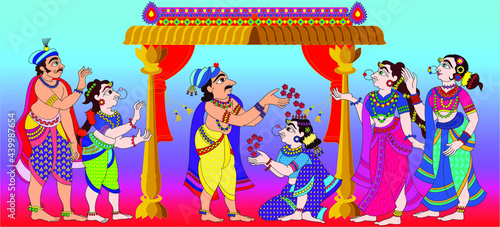 Showering blessings on the bride in the marriage ceremony,  drawn in Indian folk art, Kalamkari style. for textile printing, logo, wallpaper  