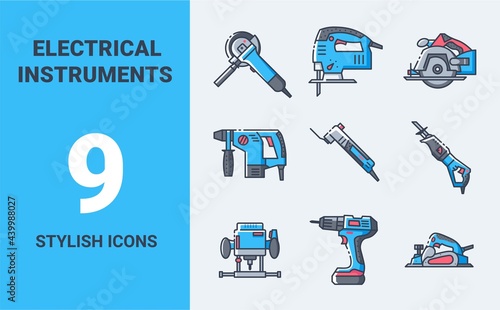 Flat line color icons collection of power tools. Vector illustration. Hand construction tool for renovation work.