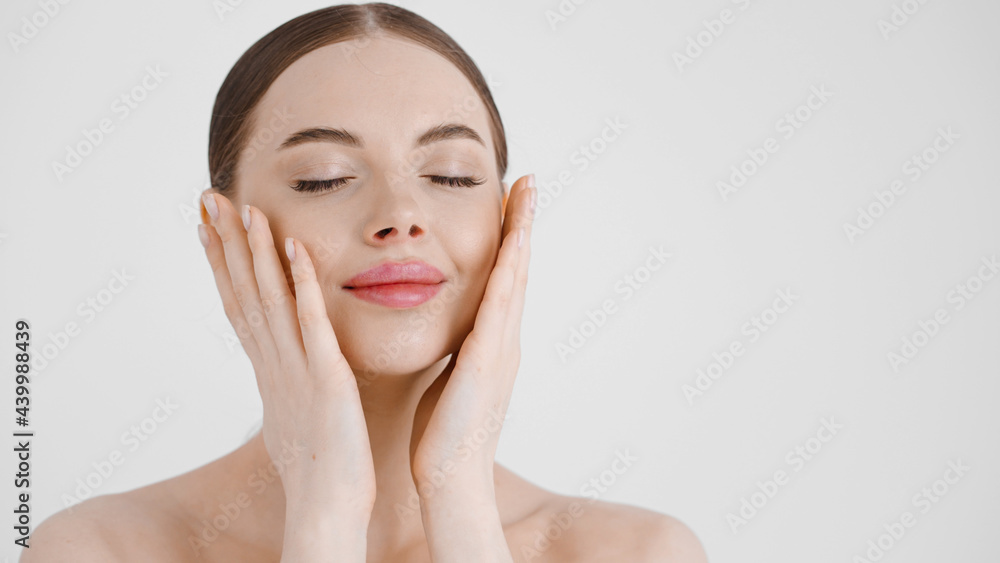 Beautiful woman close up healthy skin face happy smile natural clean fresh make up female cosmetic concept portrait Beautiful woman close up healthy skin face happy smile natural clean fresh make up female cosmetic concept portrait
