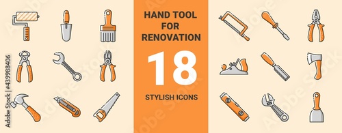 Color icons collection of hand tools. Vector stylish flat illustrations on yellow background. Hand construction tool for renovation work.