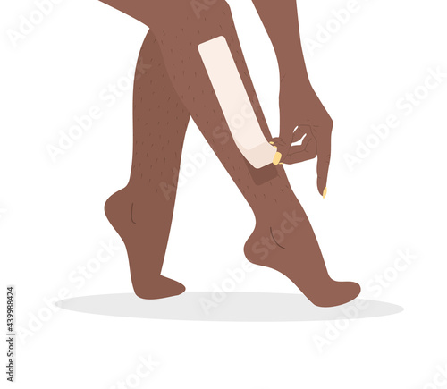 Hair removal. Wax strips epilation. Perfect smooth african female legs. Vector illustration in flat cartoon style. Skin care concept.