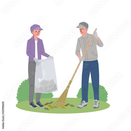 公園を掃除するシニアの男女のイラスト