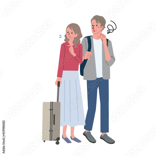 旅行に出かけるシニアの夫婦のイラスト　困った表情