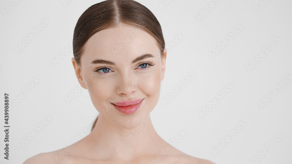 Beautiful woman close up healthy skin face happy smile natural clean fresh make up female cosmetic concept portrait Beautiful woman close up healthy skin face happy smile natural clean fresh make up female cosmetic concept portrait