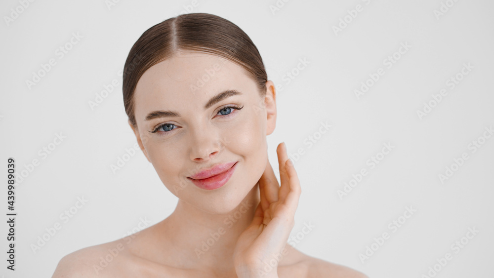 Beautiful woman close up healthy skin face happy smile natural clean fresh make up female cosmetic concept portrait