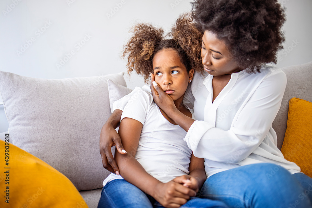 Loving worried mom psychologist consoling counseling talking to upset little child girl showing care give love support, single parent mother comforting sad small sullen kid daughter feeling offended Loving worried mom psychologist consoling counseling talking to upset little child girl showing care give love support, single parent mother comforting sad small sullen kid daughter feeling offended
