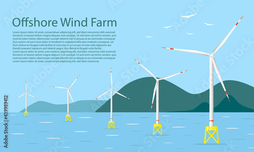 Windmills in the sea. Banner template.