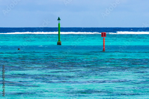 Colorful Red Green Markers Snorkeling Blue Water Moorea Tahiti