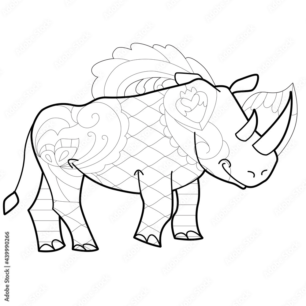 Obraz premium Contour linear illustration with animal for coloring book. Cute rhino, anti stress picture. Line art design for adult or kids in zentangle style and coloring page.
