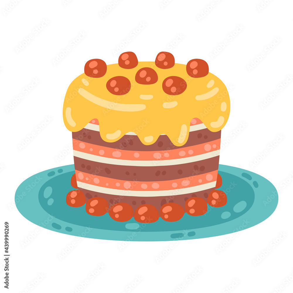 Happy birthday cake on plate. Sweet pie. Holiday food. Vector objects isolated on white background. Flat design. Party element. Happy birthday cake on plate. Sweet pie. Holiday food. Vector objects isolated on white background. Flat design. Party element.