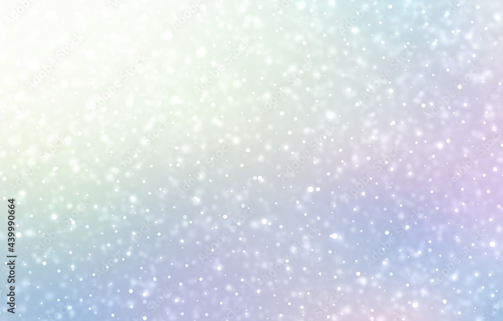 Snow falling on pastel blue pink ombre glowing background. Light winter blurred texture.
