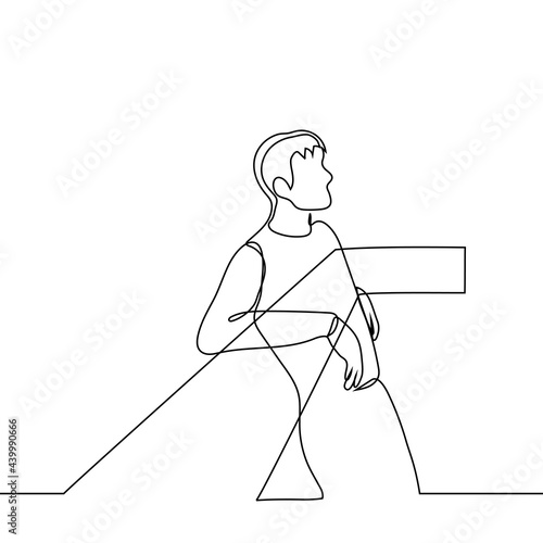man is standing dreamily looking into the distance beyond the illustration, his body resting with his forearms on a wide handrail - one line drawing. man leaned on the railing to look at the landscape