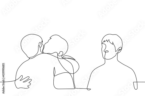 man stands aside from a pair of hugging men, he envies them and feels lonely - one line drawing. concept of quarreling with friends, missing loved ones, being an outsider, envy of other people