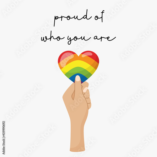 Vertical poster. A hand holds a heart in the colors of the LGBT flag. A symbol of tolerance, solidarity and fight for equality. Pride Month. Vector illustration isolated on a white background.
