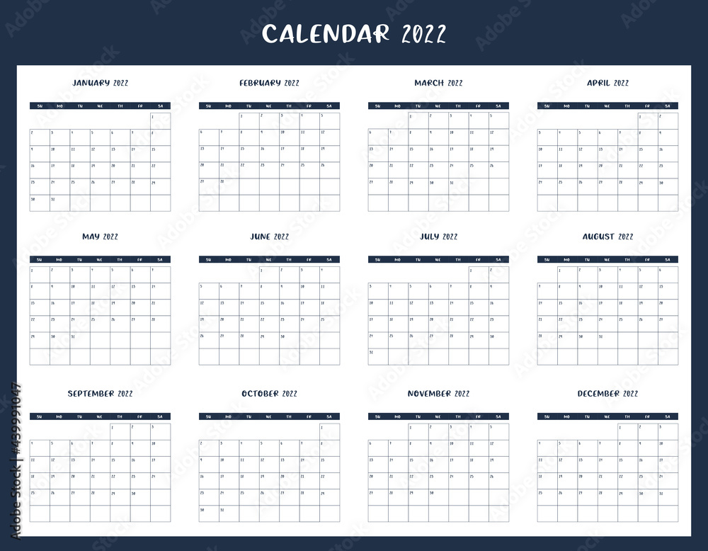 Calendar for 2022. The week starts on Sunday. All months. Calendar template design. Vector.