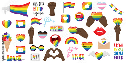 A large set of stickers on the theme of pride month, LGBTQ. Lips, black hand holding flag, heart, glasses, lettering, mouthpiece, fist. LGBT rainbow.Vector illustration isolated on a white background.