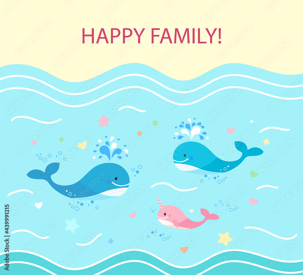 Square Card, happy family of whales. Dad is blue whale, mom and cub. floating on the sea. Square Card, happy family of whales. Dad is blue whale, mom and cub. floating on the sea.