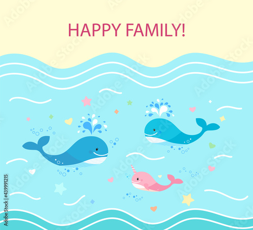 Square Card, happy family of whales. Dad is blue whale, mom and cub. floating on the sea.