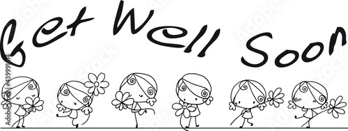 get well soon card black and white vector cartoon girls with flowers