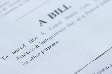 Closeup of the document of Juneteenth National Independence Day Act. Juneteenth is a holiday celebrating the emancipation of those who had been enslaved in the United States.
