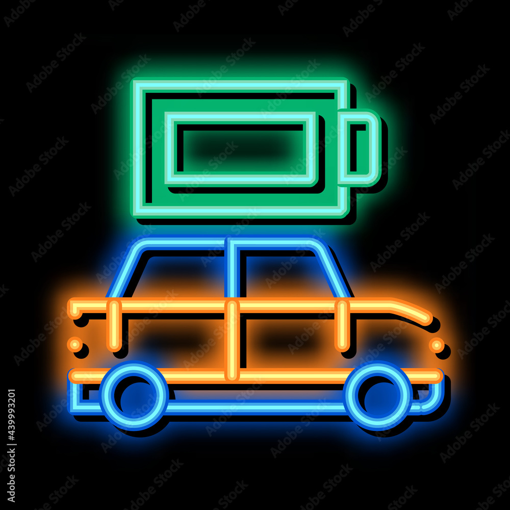 electro car full battery neon light sign vector. Glowing bright icon electro car full battery sign. transparent symbol illustration electro car full battery neon light sign vector. Glowing bright icon electro car full battery sign. transparent symbol illustration