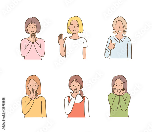 Women making various hand gestures. hand drawn style vector design illustrations. 