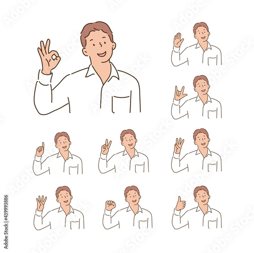 A man in a white shirt is making various signs with his hands. hand drawn style vector design illustrations. 