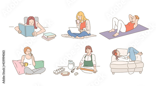 Lifestyle of woman with various hobbies at home. hand drawn style vector design illustrations. 