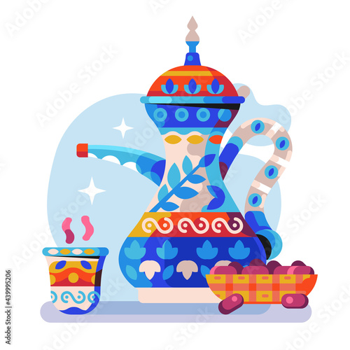 Arabic Coffee Pot with Tea Cup and Dates