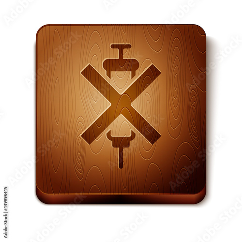 Brown No doping syringe icon isolated on white background. Wooden square button. Vector