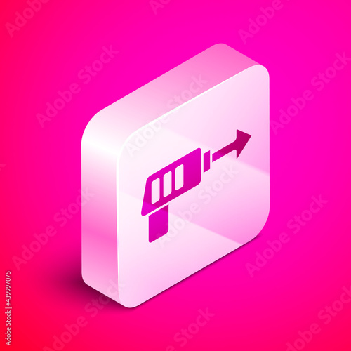 Isometric Fishing harpoon icon isolated on pink background. Fishery manufacturers for catching fish under water. Diving underwater equipment. Silver square button. Vector