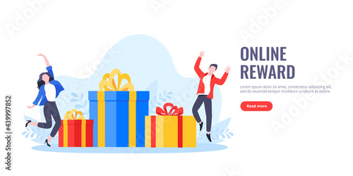 Earn loyalty program points, get online reward and gifts. Get loyalty card and customer service business concept flat design vector illustration. Tiny people with big gift boxes.