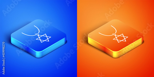 Isometric Star of David necklace on chain icon isolated on blue and orange background. Jewish religion symbol. Symbol of Israel. Jewellery and accessory. Square button. Vector