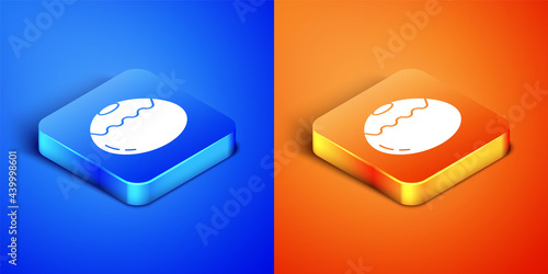 Isometric Jewish sweet bakery icon isolated on blue and orange background. Hanukkah sufganiyot. Jewish easter cake. Square button. Vector