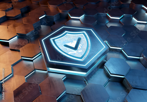 Shield icon concept engraved on metal hexagonal pedestral background. Security Logo glowing on abstract digital surface. 3d rendering