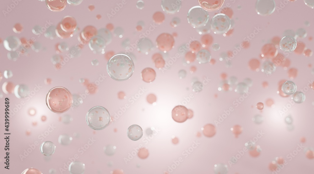 Pink liquid bubbles floating in air. Collagen bubbles. Concept for cosmetics. 3d Cosmetic molecule cream.