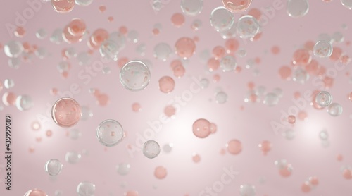 Pink liquid bubbles floating in air. Collagen bubbles. Concept for cosmetics. 3d Cosmetic molecule cream.