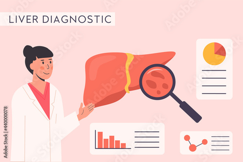 Concept of Consulting Doctor. Hospital Check Up. Liver Organ Diagnostics with magnifying glass. Researcher studying liver tissue. Medical Scientist. Hepatology. Flat Vector Illustration.
