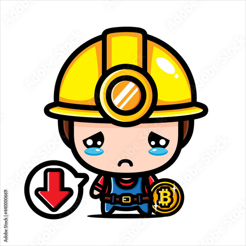 cute cartoon design of a boy as a bitcoin miner being sad because bitcoin is down