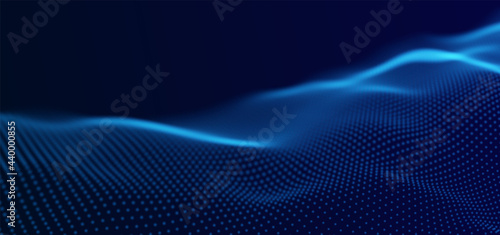 Abstract blue particle background. Flow wave with dot landscape. Digital data structure. Future mesh or sound grid. Pattern point visualization. Technology vector illustration.