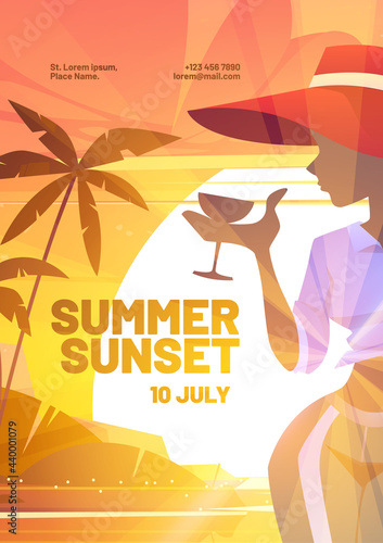 Summer sunset poster with silhouette of woman in hat with cocktail on background of sun. Vector invitation flyer of beach party with cartoon illustration of girl with drink on sea coast and palm trees