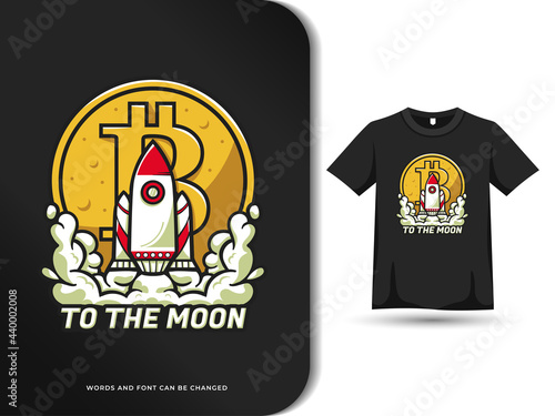Bitcoin and rocket to the moon t shirt design. Rocket launch in graphic vector illustration. vector graphic design