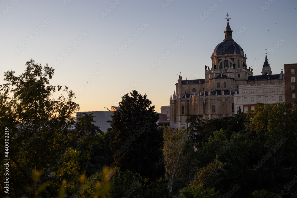 Almudena cathedral in Madrid at sunset