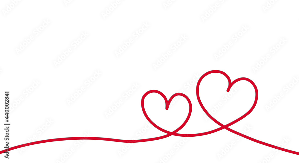 Big and  Small Continuous Hearth Line on White background. Two Heart shape Drawing continuously. panorama and Copy Space. Love, valentine, mothers and fathers day Concept 