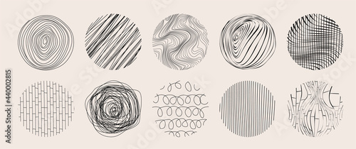 Circle textures with hand drawn textures made with ink pencil brush geometric patterns of spots dots strokes stripes lines